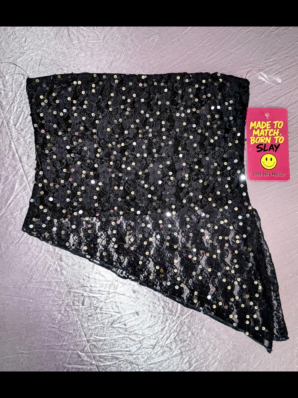 Black Sequin Asymmetric Strapless Crop Top